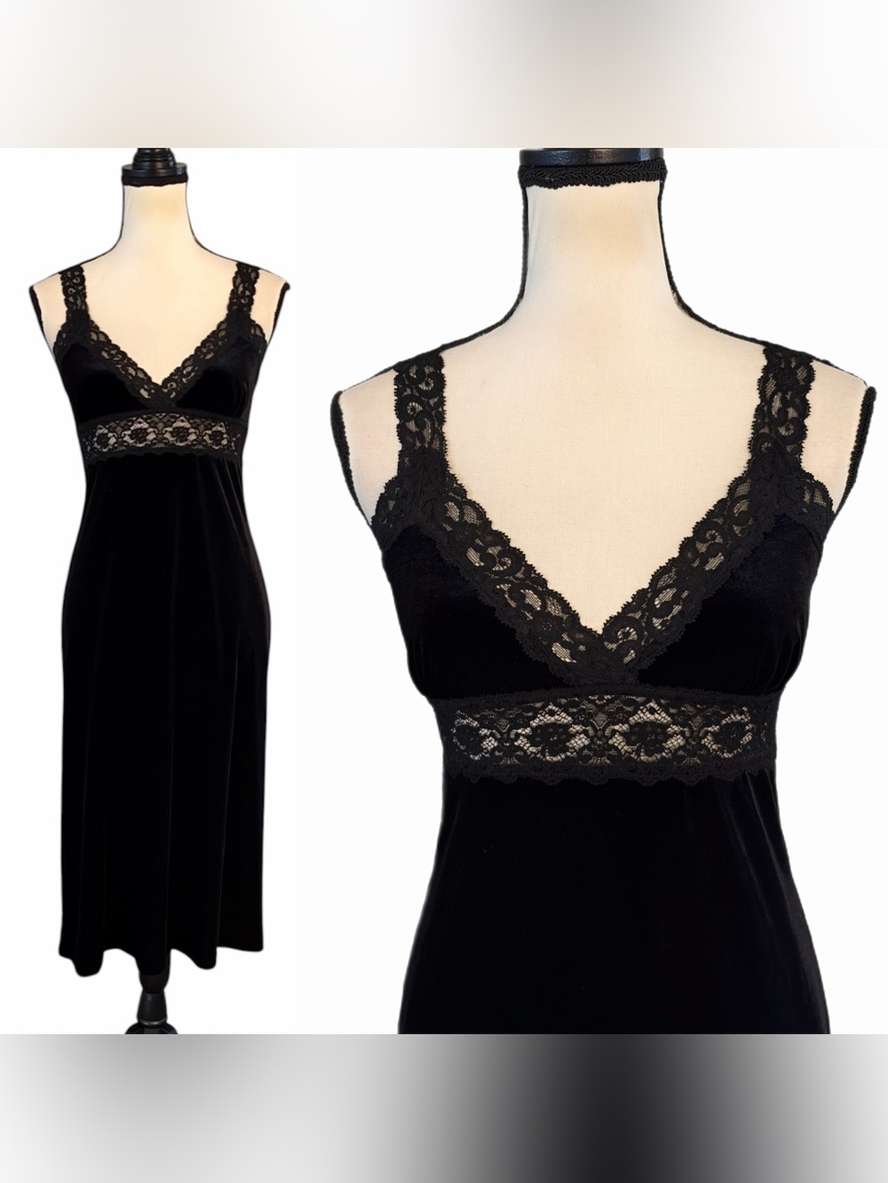 Vintage 90s Betsey Johnson Black Velvet & Sheer Lace Midi Hollywood Slip Dress